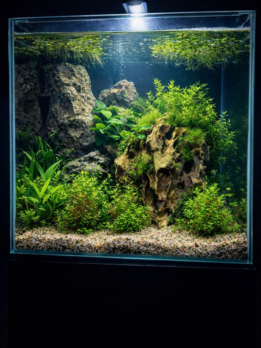 Een klein beplant aquarium met kienhout en varens, opgesteld in de winkel